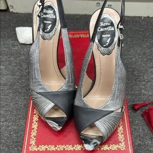 Rene Caovilla Women's Black and Silver Slingback Heels